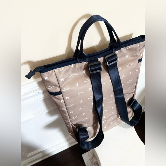 Nautica, Sleek & feminine Laptop Tote/Backpack. Tan, Navy and Red Stripes. main image 13